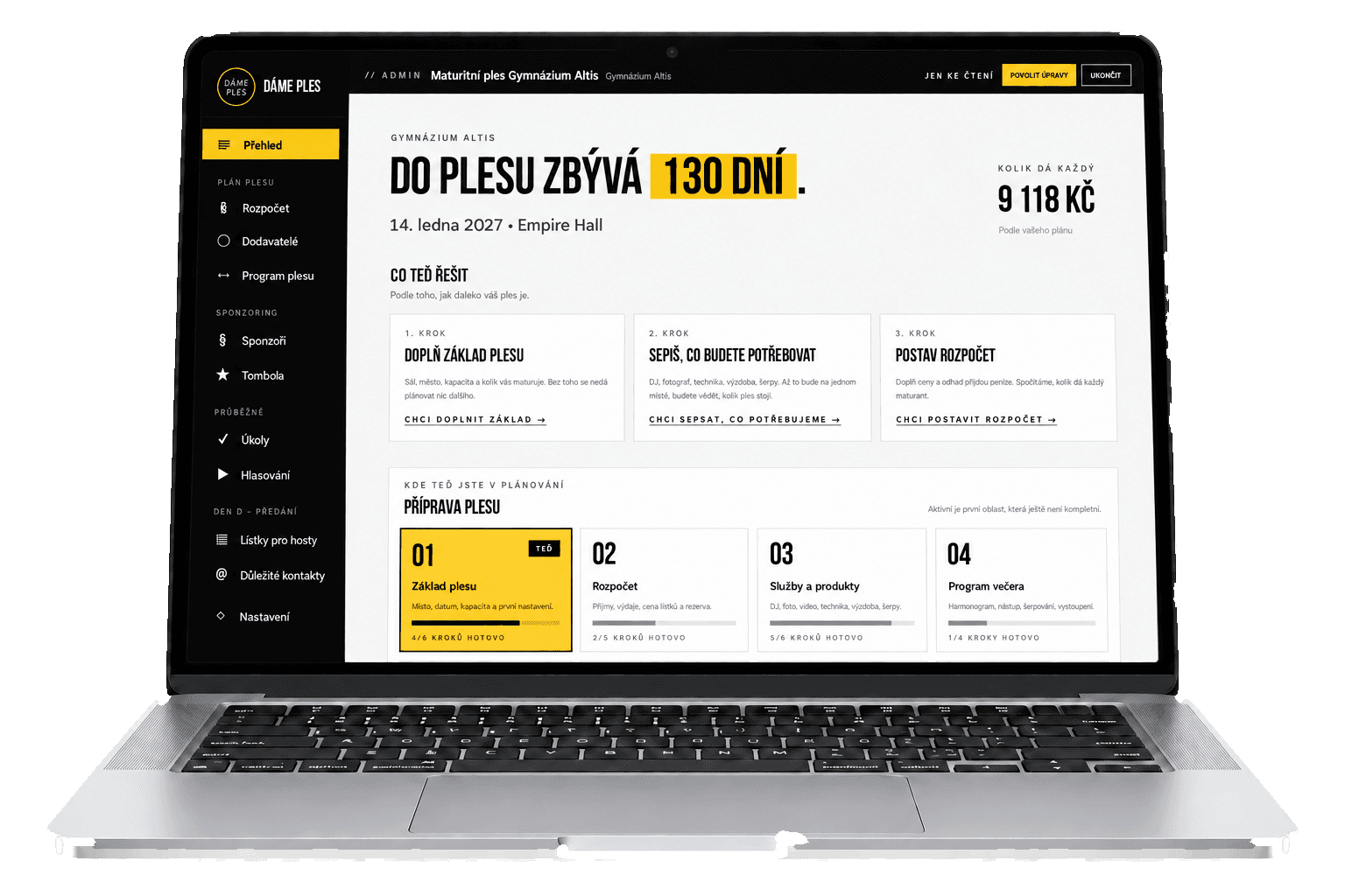 Plánovač na notebooku: přehled plesu s odpočtem dní, kroky, co teď řešit, a postupem příprav
