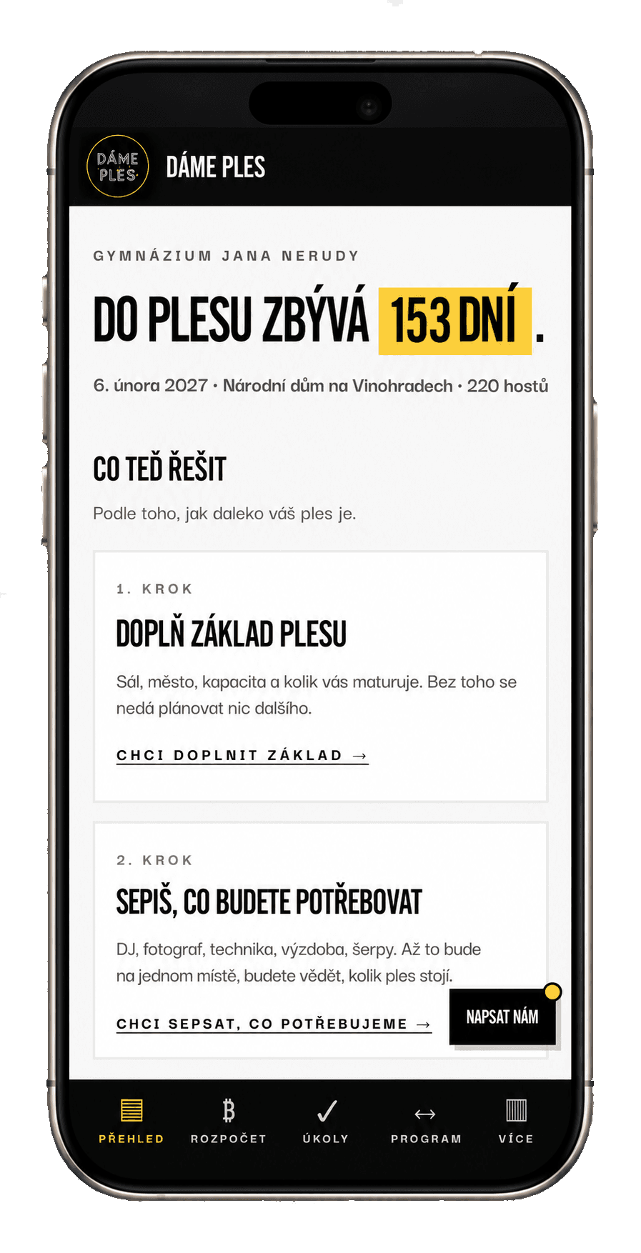 Plánovač na telefonu: přehled plesu s odpočtem dní a kroky, co teď řešit